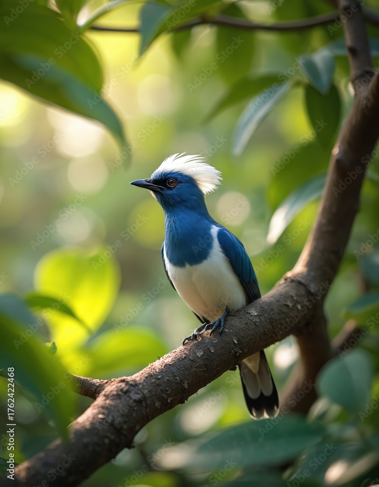 Obraz premium Rare Bali Mynah bird with brilliant blue eye perches on branch in green forest. Critically endangered species displays striking blue white plumage, prominent white crest. Observes tropical nature