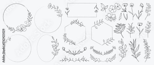 Set of line art, vintage, and different kinds of frame. Line art vector creative design with leaf and vintage