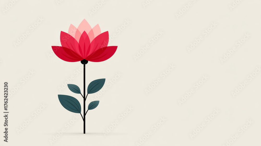 Naklejka premium Minimalist red lotus flower on beige background with green leaves