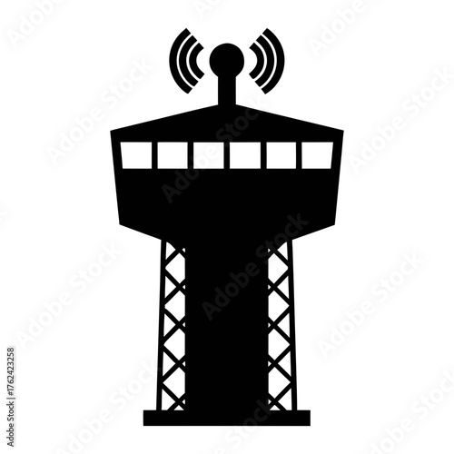 Airport control tower vector silhouette illustration aviation traffic management system design