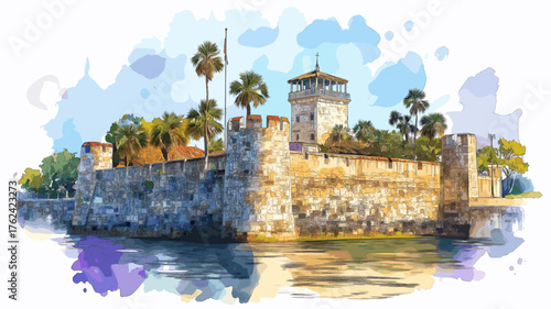 Castillo de San Marcos. Castillo de San Marcos hand drawn watercolor illustration