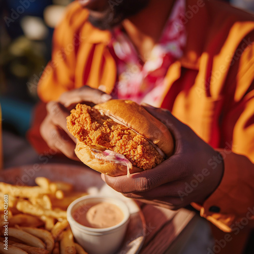 hands holding a fried chicken sandwich
