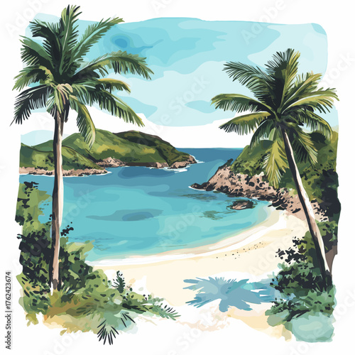 Trunk Bay. Trunk Bay hand drawn watercolor illustration