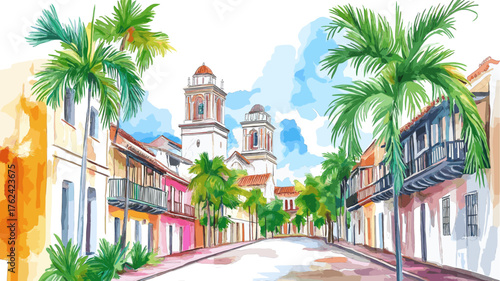 Santo Domingo Colonial Zone. Santo Domingo Colonial Zone hand drawn watercolor illustration