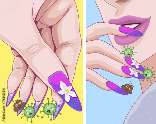 Dirt under the nails. Nail biting is a bad habit. Long nails can cause health risks. Self-care. Personal hygiene.