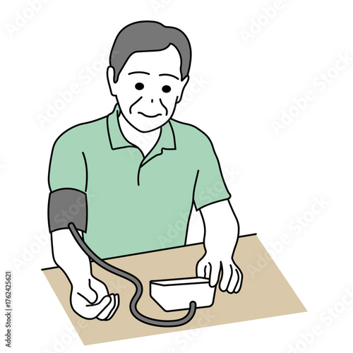 血圧を測定する高齢男性の健康管理イラスト