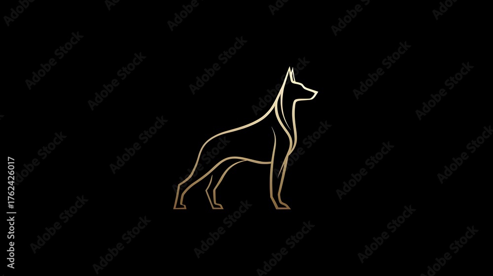 Fototapeta premium Elegant dog silhouette logo with thin lines, gold on dark background, minimal luxury design. Concept: Branding, luxury logo design, minimalism, elegance sophistication, premium brand identity, modern