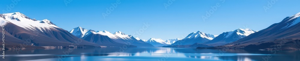 Obraz premium Vast Alaskan lake reflects pristine snow-capped peaks under a clear blue sky, vast, Alaska