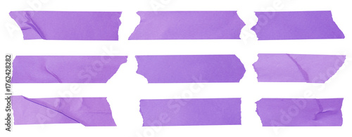 Set of purple adhesive torn tape pieces isolated on a transparent background, wrinkled masking tape collection for design and decoration elements