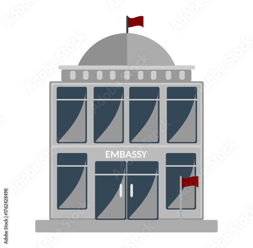 Embassy Building with Red Flag — Minimalist Government Architecture Illustration