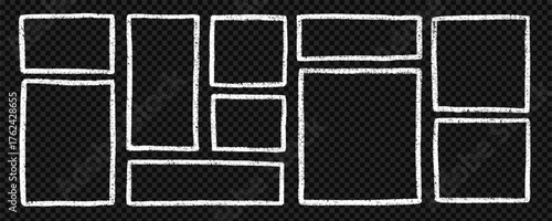Chalk Frames and text boxes doodle set. Rectangle and square shapes, grunge crayon borders in sketch style. Hand drawn vector illustration isolated on black background