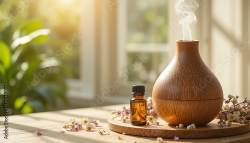 Relaxing Atmosphere Created by Essential Oil Diffuser and Fragrance in a Bright Room