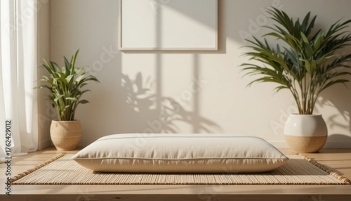 Cozy Minimalist Room With a Neutral Cushion and Indoor Plants Basking in Afternoon Sunlight