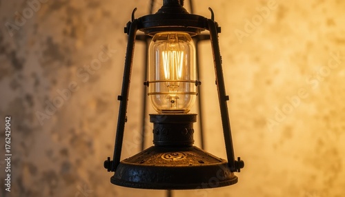 Vintage Lantern Casting Warm Light Against a Textured Wall in a Cozy Setting