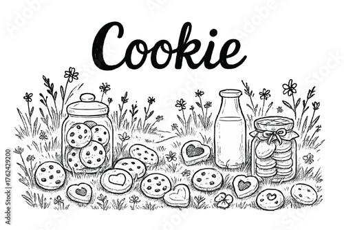 Cookie Meadow Scene. Hand-drawn cookie meadow with biscuits, jars, and milk, center word “Cookie” in black and white isolated