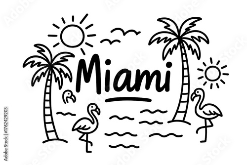 Miami Beach Doodle. Doodle miami beach with palm trees, suns, and flamingos, center word “Miami” in black and white isolated