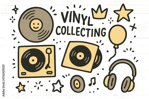 Vinyl Collector Icons. Vinyl collecting doodle icon set: hand drawn icons of record with smile, player, crown, star, balloon,