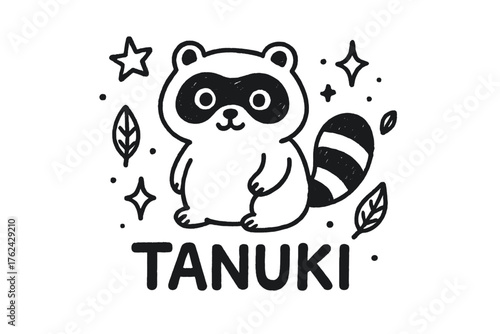 Tanuki Doodle Art. Doodle tanuki with stars, leaves, and sparkles, center word “Tanuki” in black and white isolated transparent