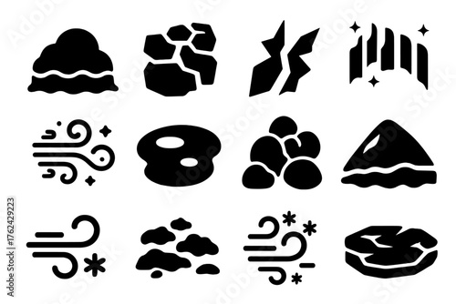 Polar Environment Icons. Solid style icons of Polar Environment: snow drift, frozen ground, ice crack, northern lights, blowing