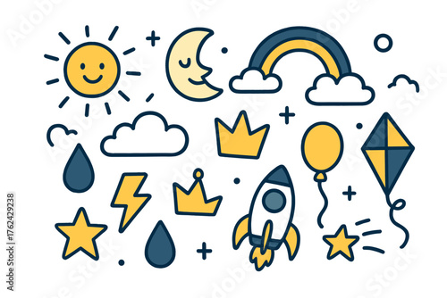 Cute Sky Doodles. Sky doodle icon set: hand drawn icons of sun with smile, moon, rainbow, cloud, lightning, raindrop, crown, star,