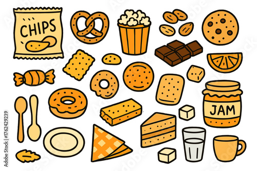 Snacks Doodle Icons. Snacks doodle icon set: hand drawn icons of chips, pretzel, popcorn, nuts, cookie, cracker, granola bar,