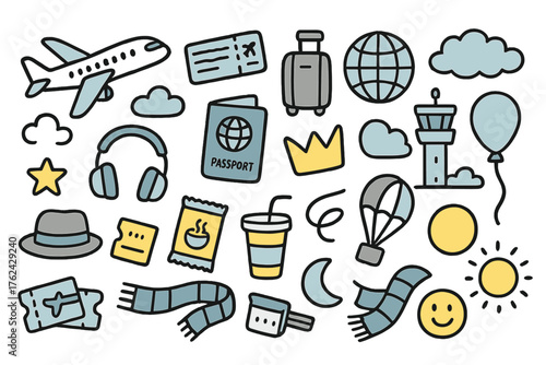 Air Travel Icons. Air travel doodle icon set: hand drawn icons of airplane, boarding pass, luggage, passport, globe, control tower