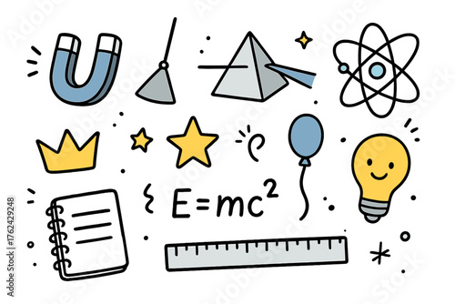Physics Doodle Icons. Physics doodle icon set: hand drawn icons of magnet, pendulum, prism, atom, crown, star, balloon, formula,