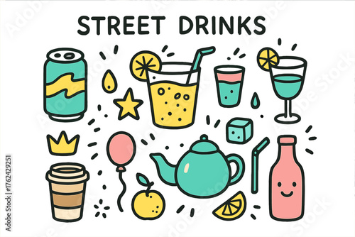 Street Beverage Icons. Street drinks doodle icon set: hand drawn icons of soda can, lemonade, smoothie, cocktail, coffee cup, tea