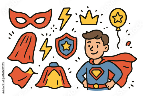 Superhero Doodle Icons. Superhero movie doodle icon set: hand drawn icons of mask, lightning, crown, star, balloon, cape, shield,