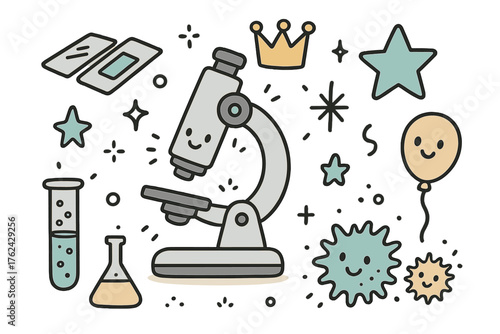 Microscope Doodle Icons. Microscope doodle icon set: hand drawn icons of microscope with smile, slides, crown, star, balloon, test