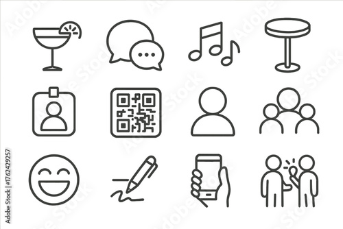 Business Networking Icons. Line style round icons of business mingling: drink glass, small talk bubble, background music, high