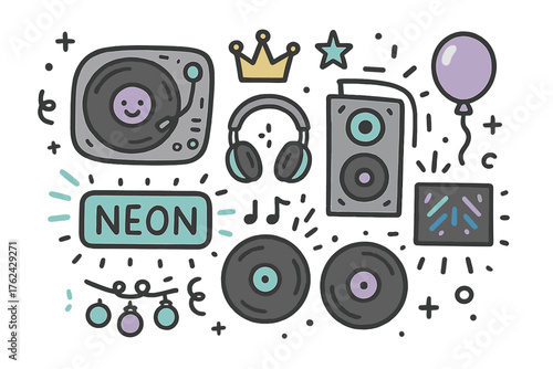 DJ Battle Doodle Icons. DJ battle doodle icon set: hand drawn icons of turntable with smile, headphones, crown, star, balloon,