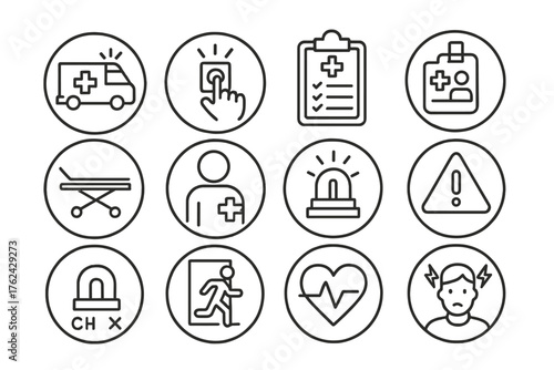 Emergency Care Icons. Line style round icons of emergency care: ambulance icon, emergency button, triage form, ER badge; stretcher