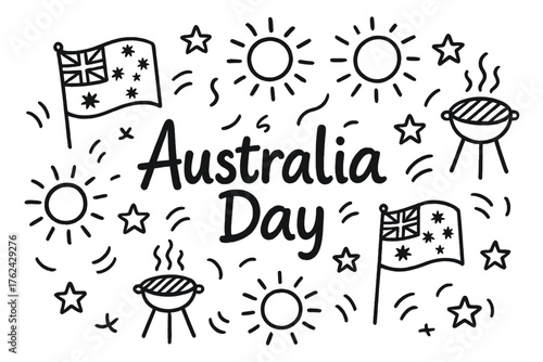 Australia Day Celebration. Doodle australia australia day with flags, suns, and barbecues, center word “AustraliaDay” in black and