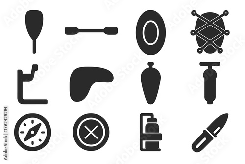 Kayak Equipment Icons. Solid style icons of Kayak Equipment: paddle blade, paddle shaft, cockpit cover, deck bungee, footrest,