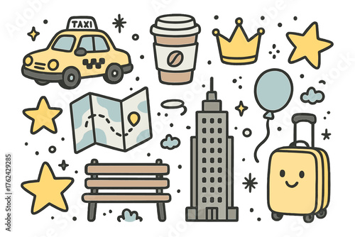 City Adventure Icons. City trip doodle icon set: hand drawn icons of taxi, map, coffee cup, crown, star, balloon, skyscraper,