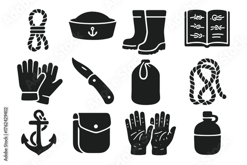 Sailor Tools Icons. Solid style icons of Sailor Tools: rigging rope, sailor’s cap, deck boots, knot guidebook, gloves, nautical