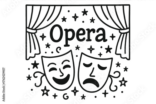 Doodle Opera Performance. Doodle opera performance with masks, stars, and curtains, center word “Opera” in black and white