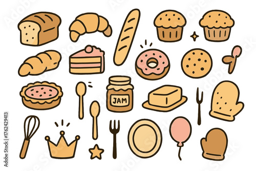 Bakery Icons Collection. Bakery doodle icon set: hand drawn icons of bread, croissant, baguette, muffin, cake, tart, donut, cookie