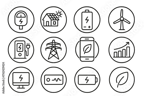 Eco Technology Icons. Line style round icons of eco technology: smart meter, solar roof, battery cell, wind blade; EV charger,
