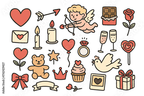 Valentine's Doodle Icons. Valentine’s Day doodle icon set: hand drawn icons of heart, arrow, cupid, chocolate, rose, candle,