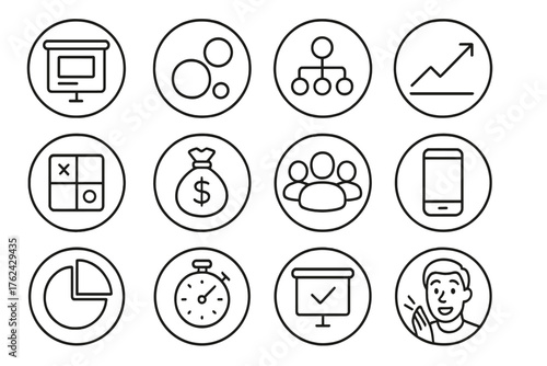 Startup Pitch Icons. Line style round icons of startup pitch and investor decks: slide icon, market size, business model, traction