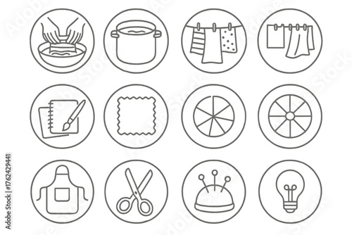 Artisan Workshop Icons. Line style round icons of artisan workshop: hands dyeing, indigo pot, cloth line, sketchbook; brush,