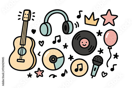 Music Store Icons. Music store doodle icon set: hand drawn icons of guitar, headphones, vinyl with smile, crown, star, balloon, CD