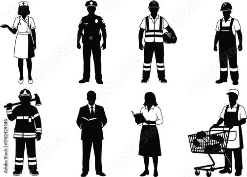 WebProfession silhouettes illustration, diverse occupations, nurse police firefighter worker teacher businessman, career diversity, workforce roles, employment industry, job identity concept