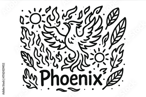 Fiery Phoenix Design. Doodle phoenix with flames, suns, and feathers, center word “Phoenix” in black and white isolated