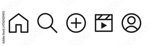 Social media icons set. home, search, add, video reel, profile, icon in flat style. vector app interface web icons