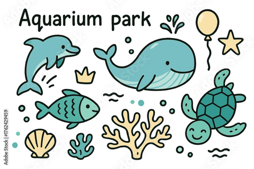 Friendly Aquarium Icons. Aquarium park doodle icon set: hand drawn icons of dolphin, whale, fish, crown, star, balloon, coral,