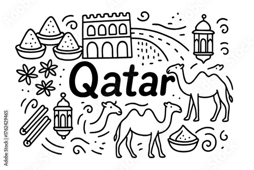 Qatar Souq Doodle. Doodle qatar souq with spices, lanterns, and camels, center word “Qatar” in black and white isolated