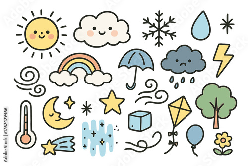 Weather Icon Doodles. Weather doodle icon set: hand drawn icons of sun with face, cloud with cheeks, snowflake, raindrop, rainbow,